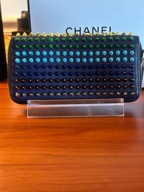 Christian Louboutin Navy Panettone Rainbow Spiked Zip Around Continental Wallet